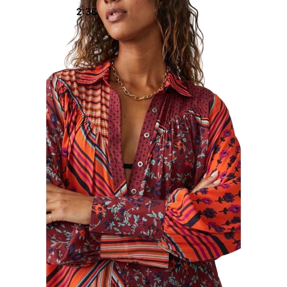 Free People / Hazel Button Down / Boho Patchwork Top Shacket - Picture 2 of 3